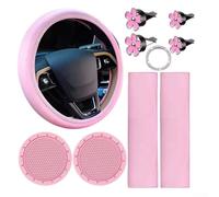 Honseadek Lot de 10 accessoires d'intérieur de voiture avec housse de volant en cuir, coussinets de ceinture de sécurité, dessous de verre, clé pour anneau et pinces à fleurs pour grille d'aération,