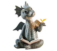 Honseadek Statue créative de petit moine en résine pour jardin, dinosaure lisant avec papillon, sculpture d'extérieur fantaisiste petite décoration de pelouse pour cour et (lecture)