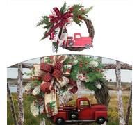 Honseadek Tissu de Noël camion rouge 35 cm Pla Décoration de porte d'hiver avec couronne en polyester à usage ferme pour décoration de vacances d'intérieur ou d'extérieur pré-éclairée