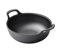 Honseadek Wok en fonte de 20 cm à fond plat avec deux poignées, sans revêtement, compatible avec cuisinière à induction, avec couvercle en bois, pour sauté, (A)