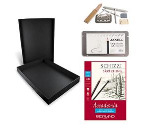 Honsell 14-99889-Set Disegno, Set d'artiste dans boîte de Rangement Noire avec Crayons, 9 Accessoires de Dessin et carnet de Croquis DIN A4, Black, not defined