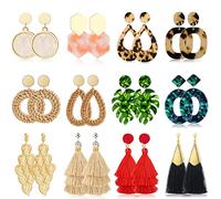 Honsny Lot de 12 paires de boucles d'oreilles à clip pour femme - En rotin - Style bohème - Acrylique - Sans perçage - Pour femmes et filles, Métal, Pas de gemme