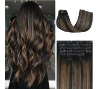 Honsoo Lot de 7 extensions de cheveux humains à clipser - 38,1 cm - 70 g - Noir naturel à marron châtain - Soyeux et lisses - Pour tête entière - Ne tombent pas