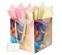 HONTIUS 1 Pièces Sac Cadeau, 11.8" Papier Marbre Emballage Cadeau Anniversaire, Pochette Cadeau Ggrand Format Enfant 30 * 30 * 30cm avec Cartes Mouchoirs Pour Fête d'Anniversaire, Mariage Coloré