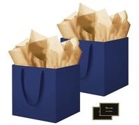 HONTIUS 11.8" Sac Cadeau, 2 Pièces Papier Emballage Cadeau Anniversaire, Carré Pochette Cadeau Ggrand Format Enfant 30 * 30 * 30cm avec 2 Cartes 2 Mouchoirs Pour Fête d'Anniversaire Bleu