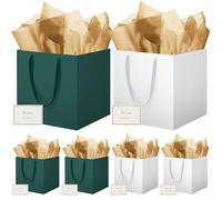 HONTIUS 11.8" Sac Cadeau, 6 Pièces Papier Emballage Cadeau Anniversaire, Carré Pochette Cadeau Ggrand Format Enfant 30 * 30 * 30cm avec 6 Cartes 6 Mouchoirs Pour Fête d'Anniversaire Vert Blanc