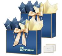 HONTIUS 15.75" Sac Cadeau, 2 Pièces Bleu Mariage Sachet Papier Cadeau Luxe, 40 * 30 * 12.5cm Sachet Cadeau écologique Pochette Cadeau Grand Format Enfant pour événement d'affaires Bithday Party