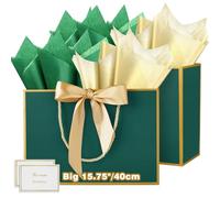 HONTIUS 15.75" Sac Cadeau, 2 Pièces Vert Mariage Sachet Papier Cadeau Luxe, 40 * 30 * 12.5cm Sachet Cadeau écologique Pochette Cadeau Grand Format Enfant pour événement d'affaires Bithday Party