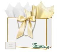 HONTIUS 15.75" Sac Cadeau, Blanc Mariage Sachet Papier Cadeau Luxe, 40 * 30 * 12.5cm Sachet Cadeau écologique Pochette Cadeau Grand Format Enfant pour événement d'affaires Bithday Party