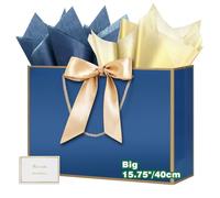 HONTIUS 15.75" Sac Cadeau, Bleu Mariage Sachet Papier Cadeau Luxe, 40 * 30 * 12.5cm Sachet Cadeau écologique Pochette Cadeau Grand Format Enfant pour événement d'affaires Bithday Party