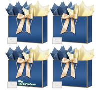 HONTIUS 15.75" Sac Cadeau, Grand Mariage sachet Papier Emballage Cadeau Luxe, Bleu Sachet Cadeau écologique Pochette Cadeau Grand Format Enfant 40 * 30 * 12.5cm avec Cartes Mouchoirs Pièces