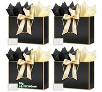 HONTIUS 15.75" Sac Cadeau, Grand Mariage sachet Papier Emballage Cadeau Luxe, Noir Sachet Cadeau écologique Pochette Cadeau Grand Format Enfant 40 * 30 * 12.5cm avec Cartes Mouchoirs Pièces