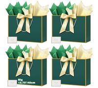 HONTIUS 15.75" Sac Cadeau, Grand Mariage sachet Papier Emballage Cadeau Luxe, Vert Sachet Cadeau écologique Pochette Cadeau Grand Format Enfant 40 * 30 * 12.5cm avec Cartes Mouchoirs Pièces