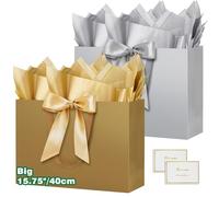 HONTIUS 15.75" Sac Cadeau, Grand Papier Emballage Cadeau Anniversaire, Vertical Pochette Cadeau Grand Format Enfant 40*30*12.5cm avec 2 Cartes 2 Mouchoirs Pour Fête d'Anniversaire Mariage 2 Pièces J