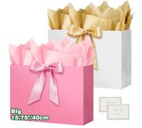 HONTIUS 15.75" Sac Cadeau, Grand Papier Emballage Cadeau Anniversaire, Vertical Pochette Cadeau Grand Format Enfant 40*30*12.5cm avec 2 Cartes 2 Mouchoirs Pour Fête d'Anniversaire Mariage 2 Pièces M