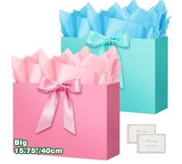 HONTIUS 15.75" Sac Cadeau, Grand Papier Emballage Cadeau Anniversaire, Vertical Pochette Cadeau Grand Format Enfant 40*30*12.5cm avec 2 Cartes 2 Mouchoirs Pour Fête d'Anniversaire Mariage 2 Pièces L