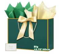 HONTIUS 15.75" Sac Cadeau, Vert Mariage Sachet Papier Cadeau Luxe, 40 * 30 * 12.5cm Sachet Cadeau écologique Pochette Cadeau Grand Format Enfant pour événement d'affaires Bithday Party