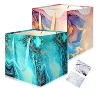 HONTIUS 2 Pièces Sac Cadeau, 11.8" Papier Marbre Emballage Cadeau Anniversaire, Pochette Cadeau Ggrand Format Enfant 30 * 30 * 30cm avec 2 Cartes 2 Mouchoirs Pour Fête d'Anniversaire, Mariage