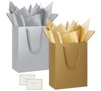 HONTIUS 2 Pièces Sac Cadeau, 12.59" Papier Emballage Cadeau Anniversaire, Vertical Pochette Cadeau Ggrand Format Enfant 32*25*13cm avec 2 Cartes 2 Mouchoirs Pour Fête d'Anniversaire, Mariage Or Gris