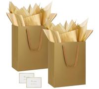 HONTIUS 2 Pièces Sac Cadeau, 12.59" Papier Emballage Cadeau Anniversaire, Vertical Pochette Cadeau Ggrand Format Enfant 32 * 25 * 13cm avec 2 Cartes 2 Mouchoirs Pour Fête d'Anniversaire, Mariage Or