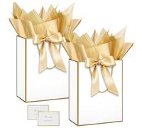 HONTIUS 2 Pièces Sac Cadeau, 12.59" Papier Emballage Cadeau Anniversaire, Vertical Pochette Cadeau Ggrand Format Enfant 32 * 25 * 13cm avec 2 Cartes 2 Mouchoirs Pour Fête d'Anniversaire, Mariage Blanc