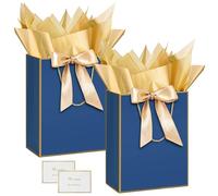 HONTIUS 2 Pièces Sac Cadeau, 12.59" Papier Emballage Cadeau Anniversaire, Vertical Pochette Cadeau Ggrand Format Enfant 32 * 25 * 13cm avec 2 Cartes 2 Mouchoirs Pour Fête d'Anniversaire, Mariage Bleu