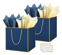 HONTIUS Grand Sac Cadeau, 11.8" Bleu Papier Emballage Cadeau Anniversaire, Carré Pochette Cadeau Ggrand Format Enfant 30 * 30 * 30cm avec 1 Cartes 1 Mouchoirs Pour Fête d'Anniversaire 2 Pièces