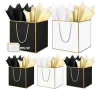 HONTIUS Grand Sac Cadeau, 11.8" Papier Emballage Cadeau Anniversaire, Carré Pochette Cadeau Ggrand Format Enfant 30 * 30 * 30cm avec 1 Cartes 1 Mouchoirs Pour Fête d'Anniversaire Blanc Noir 5 Pièces