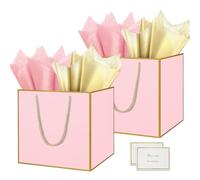 HONTIUS Grand Sac Cadeau, 11.8" Rose Papier Emballage Cadeau Anniversaire, Carré Pochette Cadeau Ggrand Format Enfant 30 * 30 * 30cm avec 1 Cartes 1 Mouchoirs Pour Fête d'Anniversaire 2 Pièces