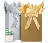 HONTIUS Grand Sac Cadeau, 15.75" Papier Emballage Cadeau Anniversaire, Carré Pochette Cadeau Ggrand Format Enfant 39.5 * 30 * 12cm avec 1 Cartes 1 Mouchoirs Pour Fête d'Anniversaire 2 Pièces G