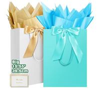 HONTIUS Grand Sac Cadeau, 15.75" Papier Emballage Cadeau Anniversaire, Carré Pochette Cadeau Ggrand Format Enfant 39.5 * 30 * 12cm avec 1 Cartes 1 Mouchoirs Pour Fête d'Anniversaire 2 Pièces H