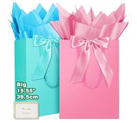 HONTIUS Grand Sac Cadeau, 15.75" Papier Emballage Cadeau Anniversaire, Carré Pochette Cadeau Ggrand Format Enfant 39.5 * 30 * 12cm avec 1 Cartes 1 Mouchoirs Pour Fête d'Anniversaire 2 Pièces I