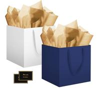 HONTIUS Lot de 2 grands sacs cadeaux carrés XXL avec mouchoir et cartes - Sacs cadeaux en papier avec anse - 30 x 30 x 30 cm - Bleu et blanc