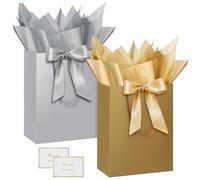 HONTIUS Lot de 2 sacs cadeaux de taille moyenne pour mariage, remerciement, cartes de vœux, papier de soie, 32 x 25 x 10 cm, sacs cadeaux d'anniversaire pour femme, fête, Noël (2 pièces, gris doré, 2