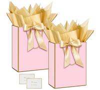 HONTIUS Lot de 2 sacs cadeaux de taille moyenne pour mariage, remerciement, cartes de vœux, papier de soie, 32 x 25 x 10 cm, sacs cadeaux d'anniversaire pour femme, fête, Noël (rose, lot de 2)