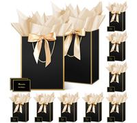 HONTIUS Sac Cadeau, 10 Pièces 12.59" Papier Emballage Cadeau Anniversaire, Vertical Pochette Cadeau Ggrand Format Enfant 32*25*13cm avec 10 Cartes 10 Mouchoirs Pour Fête d'Anniversaire, Mariage Noir