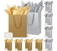 HONTIUS Sac Cadeau, 10 Pièces 12.59" Papier Emballage Cadeau Anniversaire, Vertical Pochette Cadeau Grand Format Enfant 32*25*13cm avec 10 Cartes 10 Mouchoirs Pour Fête d'Anniversaire, Mariage Or Gris