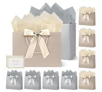 HONTIUS Sacs Cadeaux Pochette Cadeau, Lot de 10 Sac Cadeau Noel 12.59" avec 10 Papiers Sydney 10 Cartes, 32 * 25 * 10cm Sac Cadeau Anniversaire pour Anniversaire, Cadeau, Fête, Mariage Gris Marron