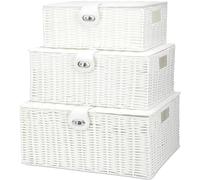 Honygebia Lot de 3 paniers de rangement en osier blanc avec couvercles, panier tissé avec serrure et poignée, organisateur pour beauté, maquillage, décoration de salle de bain