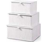 Honygebia Panier Rangement avec Couvercle - Blanc Boite Decorative Bambou pour Organiser, Lot de 3 Panier Osier et Doublure en Tissu Tissé pour la Maison, Cuisine, Salle de Bain (Grand/Moyen/Petit)