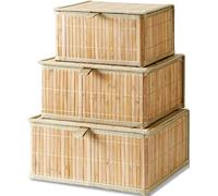Honygebia Panier Rangement avec Couvercle - Boite Decorative Bambou pour Organiser, Lot de 3 Panier Osier et Doublure en Tissu Tissé pour la Maison, Cuisine, Salle de Bain (Grand/Moyen/Petit)