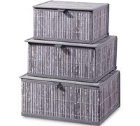 Honygebia Panier Rangement avec Couvercle - Gris Boite Decorative Bambou pour Organiser, Lot de 3 Panier Osier et Doublure en Tissu Tissé pour la Maison, Cuisine, Salle de Bain (Grand/Moyen/Petit)