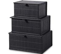 Honygebia Panier Rangement avec Couvercle - Noire Boite Decorative Bambou pour Organiser, Lot de 3 Panier Osier et Doublure en Tissu Tissé pour la Maison, Cuisine, Salle de Bain (Grand/Moyen/Petit)