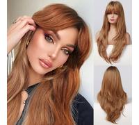 Honygebia Perruque Auburn avec Frange - Perruques Orange pour Femmes, Cheveux Longs Lisses et Superposés, Blond Miel Clair aux Racines Foncées, Perruques Synthétiques Naturelle pour Halloween/Noël