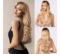 Honygebia Perruque Blonde avec Franges - Perruques Longues Ondulées à Franges Rideau pour Femmes, Blond Cendré Clair Racines Foncées, Cheveux Synthétiques Perruques Naturelle pour Halloween/Noël