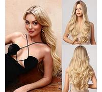 Honygebia Perruque Blonde avec Raie au Milieu - Perruques Longues et Ondulées Ombrées pour Femmes, Cheveux Synthétiques Résistant à la Chaleur, Perruques Naturelles pour Halloween/Noël/Cosplay