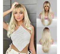 Honygebia Perruque Blonde Claire avec Frange - Perruques Blond Platine Ombrées pour Femmes, Cheveux Synthétiques Longs et Ondulés, Perruques Naturelles et Mignonnes pour Halloween/Noël/Cosplay/Fête