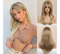 Honygebia Perruque Blonde Foncée avec Frange - Perruques Longues et Droites Ombrées pour Femme, Cheveux Synthétiques Résistant à la Chaleur, Perruques Naturelle pour Halloween/Noël/Cosplay/Fête