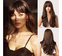 Honygebia Perruque Brune avec Frange - Perruques Longues Ondulées Brunes pour Femmes, Cheveux Synthétiques Résistants à la Chaleur Marron Chocolat, Perruques au Look Naturel pour Halloween/Noël
