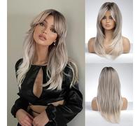Honygebia Perruque Brune Blonde Femme - Perruques Longues Ondulées à Franges Rideau pour Femmes, Blond Cendré Clair Racines Foncées, Cheveux Synthétiques Perruques Naturelle pour Halloween/Noël